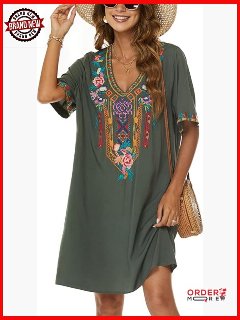 Mexican Embroidered Peasant Dress Boho Tunic Plus Size Loose Fit Flowy A-Line